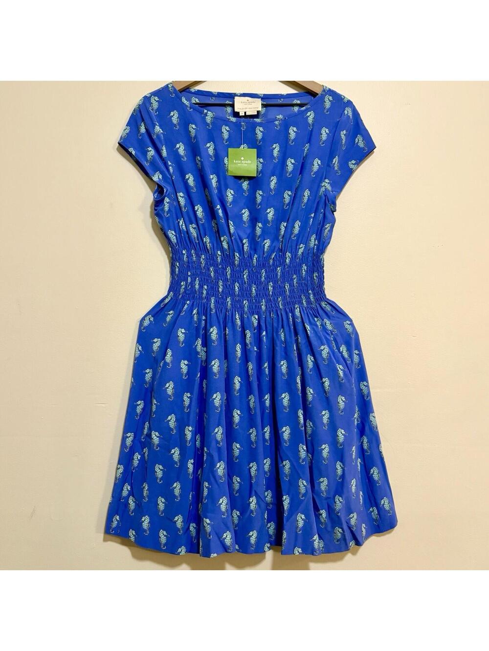 Designer NWT $398 Kate Spade Royal Blue Seahorse Smocked Pocket Summer Dress 👗